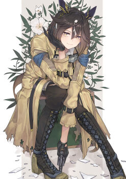 1girl absurdres animal_ears boots broken_glass brown_eyes brown_hair ear_covers flower glass gloves goggles goggles_around_neck gun hair_between_eyes highres holding holding_gun holding_weapon horse_ears horse_girl horse_tail jacket knee_boots long_hair multicolored_hair oshiri_seijin pants ponytail shirt sitting sleeve_belt solo stay_gold_(umamusume) tail torn_clothes torn_jacket torn_pants umamusume weapon white_hair