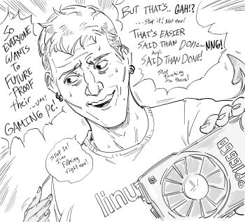 1boy bb_(baalbuddy) ear_piercing english_text graphics_card greyscale highres linus_tech_tips male_focus mole mole_under_mouth monochrome original piercing real_life shirt sideburns speech_bubble sweat sweatdrop t-shirt