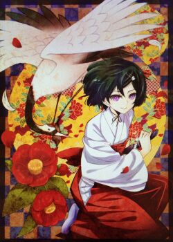 Rule 34 | 1boy, bird, black border, black hair, black ribbon, border, camellia, checkered background, circle, closed mouth, commentary request, crane (animal), drawing sword, falling petals, floating hair, floral background, floral print, flower, full body, glint, hair ornament, hairclip, hakama, highres, holding, holding sword, holding weapon, japanese clothes, kanoko (pattern), katana, kimono, looking at viewer, male focus, miko, no shoes, ofu-white, on one knee, peony print, petals, purple eyes, red-crowned crane, red flower, red hakama, ribbon, science adventure, sheath, sheathed, short hair, skull hair ornament, smile, socks, solo, steins;gate, sword, transparent border, urushibara luka, weapon, white bird, white kimono, white socks