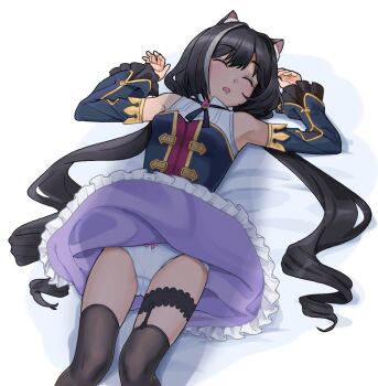 1girl animal_ears black_hair black_thighhighs breasts cat_ears cat_girl clothes_lift detached_sleeves karyl_(princess_connect!) long_hair lying on_back panties princess_connect! qopqop skirt skirt_lift sleeping small_breasts solo thighhighs twintails underwear white_panties