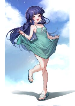 Rule 34 | 1girl, blue hair, breasts, cleavage, clothes lift, commentary request, dress, dress lift, full body, furude rika, green dress, highres, higurashi no naku koro ni, long hair, looking at viewer, open mouth, pillarboxed, purple eyes, riz3, sandals, solo