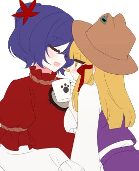 2girls blonde_hair blush brown_hat chimi_(s2yuyukos2) commentary cup drinking_glass facing_another food_in_mouth hair_ornament hair_ribbon hat highres holding holding_cup layered_sleeves leaf leaf_hair_ornament long_hair long_sleeves looking_at_another maple_leaf mirror moriya_suwako mouth_hold multiple_girls purple_hair purple_vest red_ribbon red_shirt ribbon shirt short_over_long_sleeves short_sleeves skirt skirt_set touhou tress_ribbon vest yasaka_kanako yellow_eyes yuri