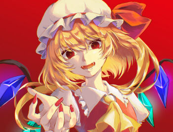 1girl ascot blonde_hair collared_shirt commentary_request crystal_wings fingernails flandre_scarlet frilled_shirt_collar frills glowing_crystal hair_between_eyes hat iino_4n looking_at_viewer mob_cap nail_polish open_mouth outstretched_arm portrait puffy_short_sleeves puffy_sleeves reaching reaching_towards_viewer red_background red_eyes red_vest shirt short_hair short_sleeves solo teeth touhou vest white_hat white_shirt wings yellow_ascot