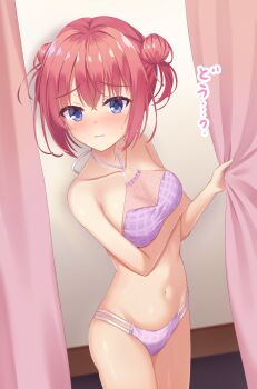 1girl absurdres alternate_costume alternate_hairstyle arm_under_breasts ayabanka bare_arms bare_shoulders bikini blue_eyes blush breasts cleavage closed_mouth collarbone commentary cowboy_shot criss-cross_halter curtains curvy double_bun embarrassed eyelashes fitting_room hair_between_eyes hair_bun halterneck highres indoors looking_at_viewer medium_breasts medium_hair navel ozato_fumika plaid_bikini plaid_clothes purple_bikini raised_eyebrows red_hair shiny_skin solo stomach string_bikini sweatdrop swimsuit tenshi_souzou_re-boot! translated trying_on_clothes tsurime two_side_up wavy_mouth