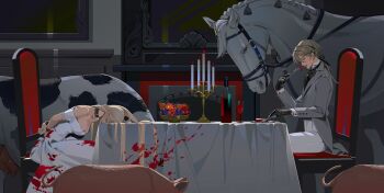 1boy 1girl absurdres apple black_gloves blonde_hair blood blood_on_clothes bowl breasts candle candlestand chair chimney cleavage coat cow degrees_of_lewdity dining_room dress food fruit fruit_bowl gloves grey_coat hair_spread_out highres horse indoors large_breasts leaning_forward long_hair lou_xiaotiao pear pig player_character_(degrees_of_lewdity) player_character_(female)_(degrees_of_lewdity) remy_(degrees_of_lewdity) remy_(male)_(degrees_of_lewdity) sitting udder very_long_hair wedding_dress