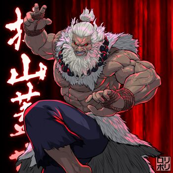 1boy abs absurdres akuma_(street_fighter) angry beads beard black_pants black_sclera clenched_teeth colored_sclera dark-skinned_male dark_skin facial_hair fighting_stance highres jamrolypoly jewelry long_hair male_focus muscular pants pectorals ponytail prayer_beads red_eyes rope simple_background solo standing standing_on_one_leg street_fighter street_fighter_6 teeth topless_male translation_request veins veiny_arms white_hair
