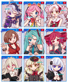 6+girls arm_warmers asymmetrical_gloves bandaged_arm bandages black_hair blonde_hair blue_eyes blue_hair bow braid breasts bright_pupils brown_eyes brown_hair center_frills cevio character_name choker cleavage collared_shirt colored_inner_hair column_lineup commentary_request detached_sleeves drill_hair earpiece fingerless_gloves flower_(vocaloid) flower_(vocaloid4) food food-themed_hair_ornament frills gekiyaku gloves grid_lineup grin hair_ornament hairband hand_on_own_cheek hand_on_own_chin hand_on_own_face hand_on_own_hip hand_up hands_on_own_chest hat hatsune_miku headphones highres kasane_teto long_hair long_sleeves looking_to_the_side mayu_(vocaloid) meiko_(vocaloid) mismatched_gloves multicolored_hair multiple_girls neck_ribbon neckerchief necktie one_eye_closed open_mouth outstretched_arms own_hands_together parted_bangs pink_eyes pink_hair pointy_ears popped_collar pudding purple_eyes rana_(vocaloid) red_eyes ribbon rime_(cevio) sailor_collar sharp_teeth shirt single_arm_warmer sleeveless sleeveless_jacket sleeveless_shirt smile striped_arm_warmers syarutaaaa teeth thick_eyebrows tsuina-chan twin_braids twin_drills twintails utau vocaloid voiceroid waving white_hair window_(computing) wrist_cuffs yellow_eyes