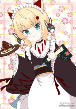 1girl animal_ears apron artist_name blonde_hair blue_eyes brown_choker brown_kimono choker closed_mouth commentary_request floral_background flower gochuumon_wa_usagi_desu_ka? hair_flower hair_ornament highres holding holding_tray japanese_clothes kimono kirima_syaro long_sleeves looking_at_viewer maid maid_headdress mitya partial_commentary rabbit_hair_ornament smile solo tray twitter_username wa_maid watermark white_apron wide_sleeves