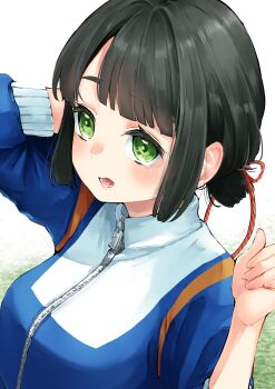 Rule 34 | 1girl, absurdres, arm up, black hair, blue jacket, blunt bangs, blush, breasts, commentary request, green eyes, hand up, hasu no sora gym uniform, highres, jacket, link! like! love live!, long sleeves, love live!, low ponytail, medium breasts, mendo (mend0o0), momose ginko, open mouth, ponytail, short hair, short ponytail, sidelocks, simple background, solo, track jacket, virtual youtuber, white background