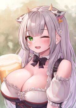 1girl absurdres alcohol animal_ears animal_print beer beer_mug black_bow black_bowtie bow bowtie breasts cleavage cow_ears cow_print cup deaver flower green_eyes hair_flower hair_ornament highres hololive large_breasts long_hair looking_at_viewer mug one_eye_closed shirogane_noel shirogane_noel_(dirndl) silver_hair smile solo upper_body virtual_youtuber