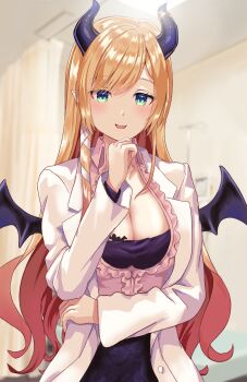 Rule 34 | 1girl, absurdres, arm under breasts, black horns, black skirt, black wings, blonde hair, blue eyes, breast tattoo, breasts, cleavage, coat, demon girl, demon horns, demon wings, frilled shirt, frills, hashtag-only commentary, highres, hololive, horns, indoors, lab coat, large breasts, lingmu, long hair, pink shirt, shirt, skirt, solo, tattoo, upper body, virtual youtuber, white coat, winged heart, winged heart tattoo, wings, yuzuki choco, yuzuki choco (1st costume)
