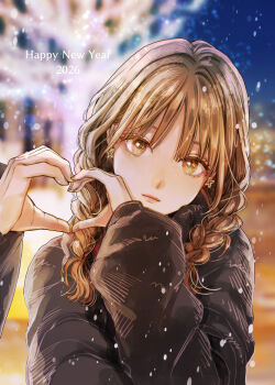 1boy 1girl 2026 black_sweater blurry blurry_background brown_eyes brown_hair choppy_bangs closed_mouth commentary_request depth_of_field earrings fuyutsuki_mio hair_over_shoulder half-heart_hands happy_new_year highres jewelry koori_zokusei_danshi_to_cool_na_douryou_joshi long_hair long_sleeves looking_at_viewer new_year night out_of_frame outdoors snowing solo_focus sweater tonogaya upper_body