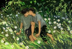 Rule 34 | 2boys, black hair, closed eyes, couple, flower, full body, green theme, highres, hohogeda, imminent kiss, looking at another, male focus, multiple boys, on grass, original, outdoors, pants, shirt, short hair, shorts, sitting, white flower, yaoi