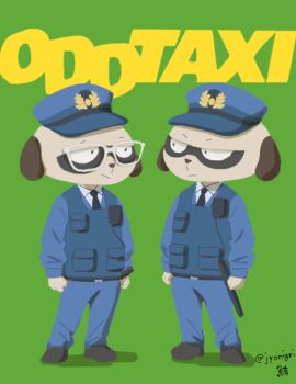 2boys blue_pants brothers bulletproof_vest clenched_hands daimon_kenshirou daimon_koushirou glasses green_background hat looking_at_another maguroattack meerkat_boy meerkat_ears multiple_boys necktie odd_taxi pants police police_hat police_uniform shirt siblings standing white_shirt