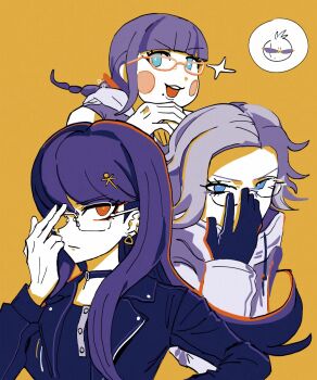 0sfksqa0zc18805 2boys 2girls accessory_connection adjusting_eyewear aotsuki_eito black_choker black_dress black_gloves black_jacket blue_eyes braid bright_pupils choker commentary dress ear_piercing earrings glasses gloves grey_hair hair_ornament highres hood hoodie jacket jewelry long_hair long_sleeves looking_at_viewer mojiro_moko multiple_boys multiple_girls orange_background piercing purple_hair purple_hoodie red_eyes shizuhara_hiruko short_hair sleeveless sleeveless_hoodie sparkle sunglasses the_hundred_line_-last_defense_academy- white_jacket white_pupils yakushiji_takemaru