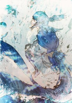 Rule 34 | 1girl, animal feet, animal legs, bird girl, bird tail, bird wings, blue eyes, blue hair, blue tail, blue wings, closed mouth, copyright name, feathered wings, final fantasy, final fantasy xiv, head wings, meteion, ruka (blueplus84), short hair, solo, squatting, tail, wings