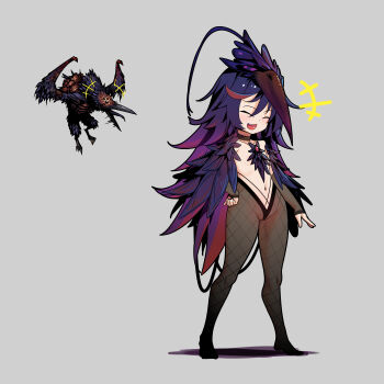 1girl :d absurdres bird_mask blush closed_eyes commentary creature_and_personification darkest_dungeon detached_sleeves dot_nose english_commentary fang fishnet_pantyhose fishnets flat_chest full_body hand_on_own_hip highres loli long_hair mask navel open_mouth pantyhose personification purple_hair reference_inset shrieker_(darkest_dungeon) skin_fang smile topless_female transparent_background zhuma