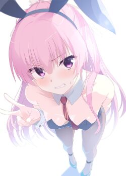 1girl alternate_costume angry animal_ear_hairband animal_ears arm_behind_back backlighting bare_shoulders between_breasts black_hairband black_leotard black_pantyhose black_shoes bloom blunt_bangs blush breasts clenched_teeth collarbone commentary_request detached_collar doruzou18 eyelashes eyes_visible_through_hair fake_animal_ears fingernails foreshortening full_body hair_between_eyes hair_ornament hair_over_shoulder hairband half_updo hand_up high_heels highres leaning_forward leotard long_hair mitsukasa_ayase necktie necktie_between_breasts pantyhose pink_hair playboy_bunny purple_eyes rabbit_ear_hairband rabbit_ears red_necktie riddle_joker shoes simple_background small_breasts solo standing straight_hair strapless strapless_leotard sweatdrop teeth upturned_eyes v v-shaped_eyebrows very_long_hair white_background white_wrist_cuffs wing_hair_ornament wrist_cuffs