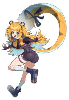 animal_ears ass black_gloves black_shirt black_shorts blonde_hair breasts cropped_jacket elbow_gloves fingerless_gloves gloves green_eyes jacket ju_fufu long_hair looking_at_viewer multicolored_hair open_mouth sabum shirt shorts small_breasts smile solo tail thigh_strap tiger_ears tiger_girl tiger_tail two-tone_hair white_background white_hair yellow_jacket zenless_zone_zero