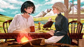 2girls 3others aged_up animal apron black_hair blonde_hair blue_eyes chair child closed_eyes cloud cloudy_sky collarbone commentary cup day denn_(naluse_flow) dog fire firewood grass heen highres holding holding_cup howl_no_ugoku_shiro howl_pendragon long_sleeves looking_at_another markl mountain mountainous_horizon multiple_girls multiple_others open_mouth outdoors plain pool prince_(howl_no_ugoku_shiro) rocking_chair shirt short_hair sitting sky smile sophie_hatter_(howl_no_ugoku_shiro) symbol-only_commentary table waist_apron water waving white_shirt witch_of_the_waste wood