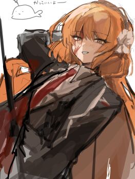 1girl arm_up black_jacket black_vest blood blood_on_face bow brown_hairband collared_shirt green_eyes hair_bow hairband highres ishmael_(project_moon) jacket lapels limbus_company long_hair notched_lapels orange_hair parted_lips project_moon rope shirt sidelocks simple_background smile solo surishi75yaka upper_body very_long_hair vest whale white_background white_bow white_shirt