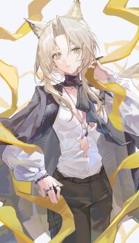 1girl absurdres animal_ear_fluff animal_ears arknights black_jacket blonde_hair breasts brown_pants cat_ears center_opening commentary highres jacket jacket_on_shoulders jewelry kal'tsit_(arknights) kal'tsit_(formal)_(arknights) light_smile looking_at_viewer medium_breasts multiple_rings necklace no_bra pants plunging_neckline ribbon ring shin_oooooo sidelocks simple_background solo white_background yellow_ribbon