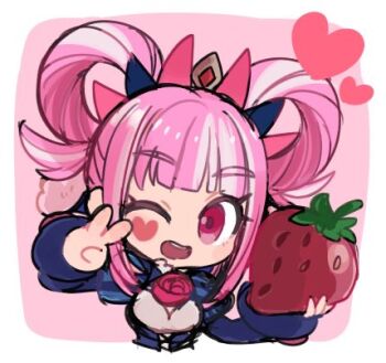 1girl commentary_request cross-laced_clothes cross-laced_dress dress facial_mark fire_emblem fire_emblem_engage food fruit fur_wrist_cuffs hair_flaps hair_rings heart heart_facial_mark hortensia_(fire_emblem) looking_at_viewer lowres nintendo pink_eyes pink_hair smile strawberry striped_clothes striped_dress tamatamariso85 vertical-striped_clothes vertical-striped_dress wrist_cuffs