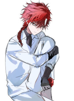 1boy aged_down apple bishounen black_shirt braid braided_ponytail closed_mouth collared_shirt commentary enermy4 english_commentary food fruit gloves hair_between_eyes hair_over_shoulder highres holding holding_food holding_fruit hugging_own_legs knee_up long_hair long_sleeves looking_at_viewer male_focus pants red_eyes red_hair shiguang_dailiren shirt simple_background single_braid sitting sketch sleeves_past_wrists solo turtleneck undershirt white_background white_pants white_shirt xiao_weiying