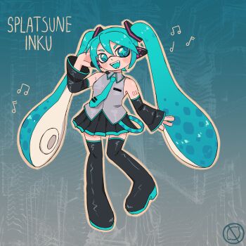 1girl absurdres artist_logo bare_shoulders black_boots black_skirt blue_eyes blue_necktie boots character_name commentary detached_sleeves diamond-shaped_pupils diamond_(shape) english_commentary fangs full_body grey_shirt hatsune_miku headset highres logo looking_at_viewer miniskirt music musical_note necktie nintendo notgrease number_tattoo open_mouth outline pleated_skirt shirt shoulder_tattoo singing skirt sleeveless sleeveless_shirt solo splatoon_(series) splatoonification symbol-shaped_pupils tattoo tentacle_hair thigh_boots thighhighs twintails vocaloid zettai_ryouiki