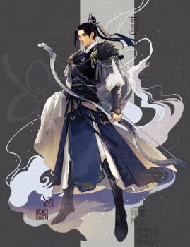 Rule 34 | 1boy, armor, artist logo, asymmetrical bangs, belt, black eyes, black hair, blue hanfu, blue ribbon, boots, bow (weapon), bracer, cape, chinese armor, chinese clothes, commentary, english commentary, feng xin, frown, full body, grey background, hair ribbon, hanfu, holding, holding bow (weapon), holding weapon, logo, long hair, male focus, parted lips, ponytail, ribbon, solo, standing, tianguan cifu, topknot, watermark, weapon, xiao guan (headdress), zelda c wang