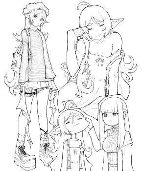 Rule 34 | 2girls, :t, = =, absurdres, ahoge, alternate costume, alternate hairstyle, bag, beret, blunt bangs, boots, cardigan, cheek pinching, coat, commentary, contemporary, dress, earrings, elf, english commentary, expressionless, frieren, full body, greyscale, hair down, hat, highres, jewelry, kekel, long hair, long pointy ears, monochrome, multiple girls, multiple views, open cardigan, open clothes, open coat, pinching, plaid hat, platform boots, pointy ears, pout, shirt, shoulder bag, simple background, skirt, sleepy, sleeves past wrists, sousou no frieren, standing, strap slip, striped clothes, striped shirt, teardrop earrings, thick eyebrows, wavy mouth