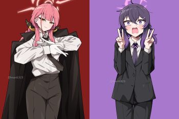 2girls :o ahoge aru_(blue_archive) black_coat black_necktie black_pants black_suit blue_archive blunt_bangs chainsaw_man coat commentary cosplay demon_horns double_v dress_shirt formal_clothes gloves hair_between_eyes halo haruka_(blue_archive) higashiyama_kobeni higashiyama_kobeni_(cosplay) highres horns light_smile long_sleeves looking_at_viewer makima_(chainsaw_man) makima_(chainsaw_man)_(cosplay) manli multiple_girls necktie pants pink_hair purple_background purple_hair purple_necktie red_background shirt shirt_tucked_in simple_background suit twitter_username v white_gloves white_shirt wide-eyed