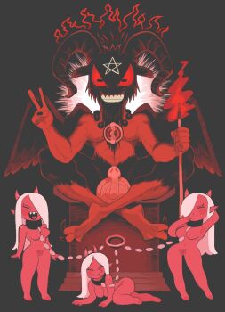 1boy 3girls baphomet_(mythology) breasts closed_eyes colored_skin demon demon_girl devil gashi-gashi highres horns long_hair medium_breasts multiple_girls navel nude open_mouth original pentagram pointy_ears red_skin red_theme smile star_(symbol) white_hair