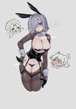 3girls :3 =_= ^^^ animal_ears assault_lily beret black_gloves blush braid breasts brown_eyes brown_hiphighs brown_shrug chibi chibi_inset chinese_commentary cleavage commentary_request cowboy_shot cropped_legs dated detached_collar fake_animal_ears garter_straps gatti_love gloves grey_background grey_hair groin hair_between_eyes half_gloves half_updo hand_on_own_hip hat head_only head_tilt heart_maebari heart_pasties highres hiphighs karasawa_aisa large_breasts long_hair long_sleeves looking_at_another looking_at_viewer low-braided_long_hair low-tied_long_hair maebari multiple_girls murakami_tokiwa navel nose_blush parted_bangs parted_lips partially_colored pasties ponytail rabbit_ears reverse_bunnysuit reverse_outfit sekino_youko short_hair shrug_(clothing) simple_background speech_bubble spoken_blush standing sweat thighband_hiphighs twitter_username underbust wrist_cuffs
