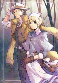 1boy 1girl black_pants blonde_hair blue_capelet brown_gloves brown_hair buttons capelet castti_florenz coat collared_shirt forest gloves hat inset_border nature necktie nurse nurse_cap octopath_traveler octopath_traveler_ii open_clothes open_coat outdoors outside_border pants partitio_yellowil red_necktie satsuki_(chaosmode) shirt smile standing walking watermark white_gloves white_hat white_shirt yellow_coat