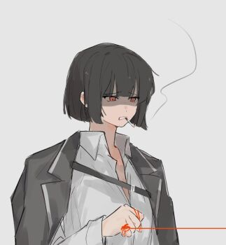 1girl black_jacket bob_cut choppy_bangs cigarette collared_shirt dress_shirt frown furrowed_brow highres holding holding_string jacket jacket_on_shoulders lapels limbus_company looking_to_the_side munh422 project_moon red_eyes ryoshu_(project_moon) shaded_face shirt short_hair simple_background smoke smoking solo string string_around_finger teeth upper_body white_background white_shirt