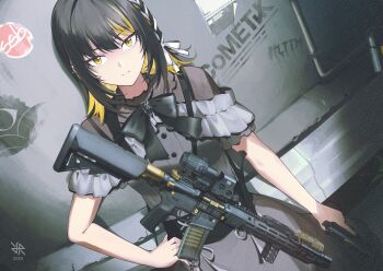 1girl 2025 ar-15 black_bow black_hair black_nails blonde_hair blonde_streaks blush bodystocking bow bowtie braid breasts buttons check_weapon closed_mouth collar commentary cowboy_shot dated dress dutch_angle ear_piercing english_commentary eotech expressionless film_grain fishnet_bodystocking fishnets flashlight frilled_collar frilled_dress frilled_sleeves frills geissele_urg-i graffiti grass grey_dress gun gun_sling hand_on_own_hip handgun highres hiroki_ree idolmaster idolmaster_shiny_colors ikaruga_luca industrial_pipe jewelry laser_sight logo looking_at_viewer magazine_(weapon) medium_breasts medium_hair multicolored_hair muzzle_device optical_sight piercing poster_(object) rifle short_sleeves sig_p220/p226 sig_sauer sight_magnifier signature single_braid solo spiked_ear_piercing standing streaked_hair trigger_discipline two-tone_hair vertical_foregrip weapon weapon_request white_bow yellow_eyes