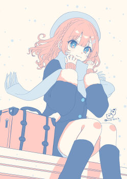 1girl artist_logo artist_name blue_eyes blue_hat blue_jacket blue_scarf braid closed_mouth commentary_request fringe_trim hat highres jacket logo long_sleeves medium_hair original rino_cnc scarf sitting smile solo