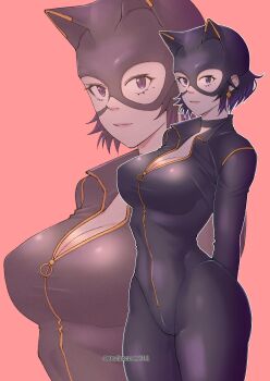 1girl animal_ears anna_ayasaki arms_behind_back batman_(series) black_bodysuit black_mask bodysuit breasts cat_ears cat_mask catsuit catwoman catwoman_(cosplay) cleavage closed_mouth commentary cosplay cowboy_shot dc_comics earrings eye_mask fake_animal_ears full-length_zipper highres jewelry large_breasts looking_at_viewer mask mole mole_under_eye original outline partially_unzipped pink_background purple_eyes purple_hair short_hair studionice2011 white_outline zipper zipper_pull_tab zoom_layer