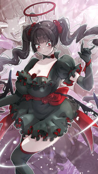 1girl black_dress black_gloves black_thighhighs blue_archive breasts cleavage closed_mouth dress elbow_gloves gloves halo hand_up highres huge_breasts komena_(shinyday312) long_hair looking_down open_mouth puffy_short_sleeves puffy_sleeves red_eyes red_halo short_sleeves solo thighhighs tsurugi_(blue_archive) twintails