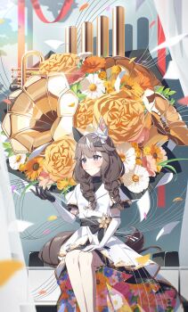 1girl animal_ears auklet5580 black_gloves blush bouquet braid braided_sidelocks breasts brown_hair closed_mouth curren_bouquetd&#039;or_(umamusume) dress ear_covers elbow_gloves flower gloves grey_eyes hair_between_eyes hairband highres horse_ears horse_girl horse_tail long_braid long_hair low_twin_braids mismatched_ear_covers sitting small_breasts smile solo tail twin_braids umamusume white_dress white_streaks