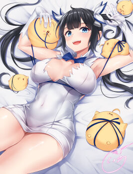 1girl :d azur_lane black_hair blue_eyes breasts cleavage covered_navel dress dungeon_ni_deai_wo_motomeru_no_wa_machigatteiru_darou_ka gloves hestia_(danmachi) highres irohara large_breasts looking_at_viewer lying manjuu_(azur_lane) on_back open_mouth rei_no_himo smile solo twintails white_dress