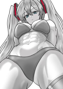1girl abs absurdres aqua_eyes arms_behind_back bikini breasts commentary_request from_below greyscale hatsune_miku highres long_hair looking_at_viewer monochrome muscular muscular_female navel saderuuu simple_background solo spot_color swimsuit twintails vocaloid