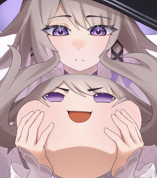 Rule 34 | :d, absurdres, aichi (ipip0417), blush, grey hair, herta (honkai: star rail), highres, holding, honkai: star rail, honkai (series), long hair, open mouth, purple eyes, smile, the herta (honkai: star rail), upper body, yukkuri shiteitte ne