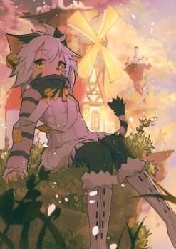 1girl absurdres cloud cloudy_sky elh_melizee floating_island flower furry furry_female haruka_kanata_(togassi1) highres little_tail_bronx looking_to_the_side sitting sky solatorobo solo sunset white_flower windmill