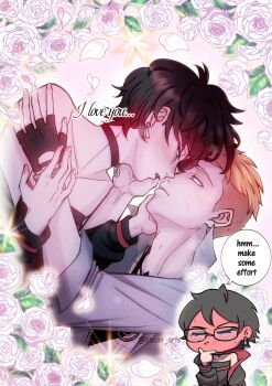 1boy 1girl balcony black_choker black_jacket black_tube_top blonde_hair blush boruto:_two_blue_vortex choker commentary corrupted_twitter_file earrings english_commentary english_text facial_mark fingerless_gloves flower full-face_blush glasses gloves grey_jacket hand_on_own_chin hetero highres imagining imminent_kiss jacket jewelry naruto_(series) no_eyewear parted_lips pink_flower pink_rose rose rozan_arts short_hair single_fingerless_glove strapless sweat thinking tube_top uchiha_sarada undercut uzumaki_boruto whisker_markings