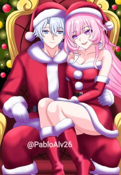 Rule 34 | 1boy, 1girl, armchair, bare shoulders, boots, breasts, chair, christmas, cleavage, closed mouth, commentary, curtained hair, cyrene (honkai: star rail), detached sleeves, diamond-shaped pupils, diamond (shape), dress, earrings, english commentary, fur-trimmed boots, fur-trimmed dress, fur-trimmed headwear, fur trim, gloves, hair between eyes, hat, high heel boots, high heels, highres, honkai: star rail, honkai (series), jewelry, open mouth, pablo alvarado, parted bangs, phainon (honkai: star rail), red dress, santa costume, santa dress, santa hat, single earring, sitting, sitting on lap, sitting on person, smile, symbol-shaped pupils, twitter username, white gloves