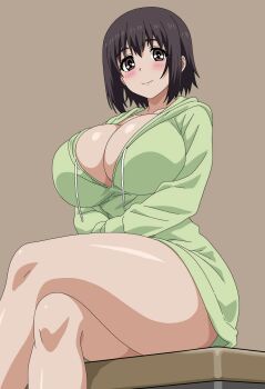 1girl absurdres anime_screenshot black_hair blush breasts brown_background brown_eyes cleavage coat crossed_legs curvy female_focus from_below highres huge_breasts kotone_shirakawa large_breasts overflow_(anime) short_hair simple_background sitting smile solo thick_thighs thighs