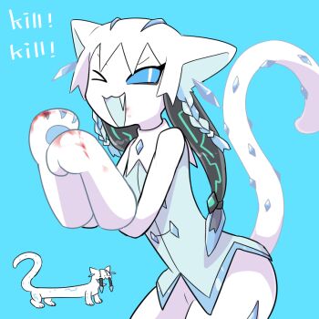 ;3 black_hair blood blood_on_face blood_on_hands blue_background blue_eyes braid cat_girl chien-pao commentary creature_and_personification english_text fang kasugai_(de-tteiu) mittens nintendo one_eye_closed personification pokemon twin_braids twintails white_fur white_mittens