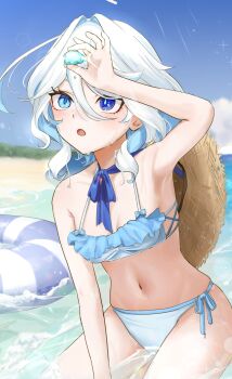 Rule 34 | 1girl, arm up, armpits, bare shoulders, beach, bikini, blue bikini, blue eyes, blue sky, breasts, clad (hoho718718), cleavage, cloud, commentary request, day, furina (genshin impact), genshin impact, hair between eyes, highres, holding, innertube, navel, ocean, open mouth, revision, short hair, sitting, sky, solo, stomach, swim ring, swimsuit, thighs, water, white hair